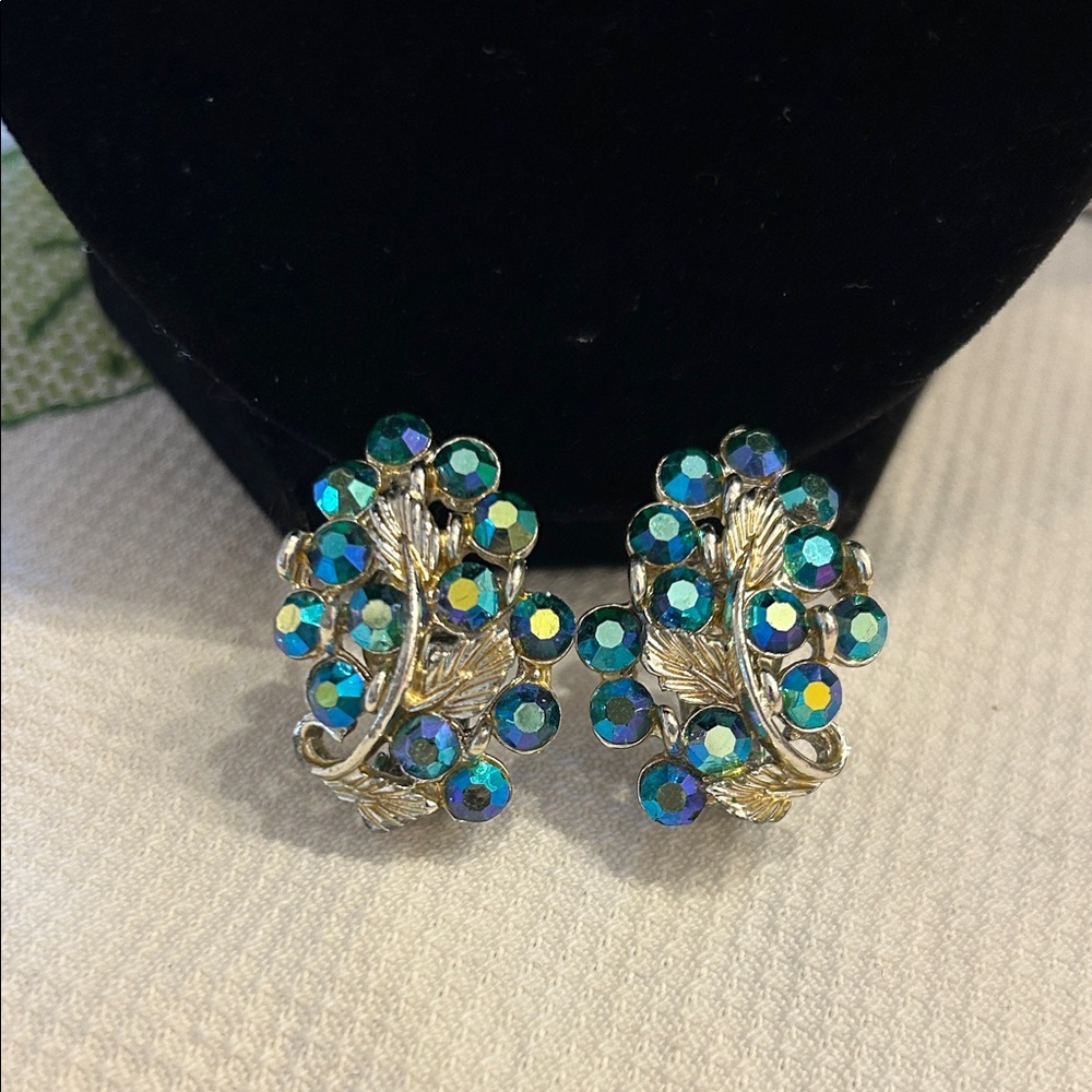 Vintage Blue Rhinestones Grapes Clip On Earrings by BSK